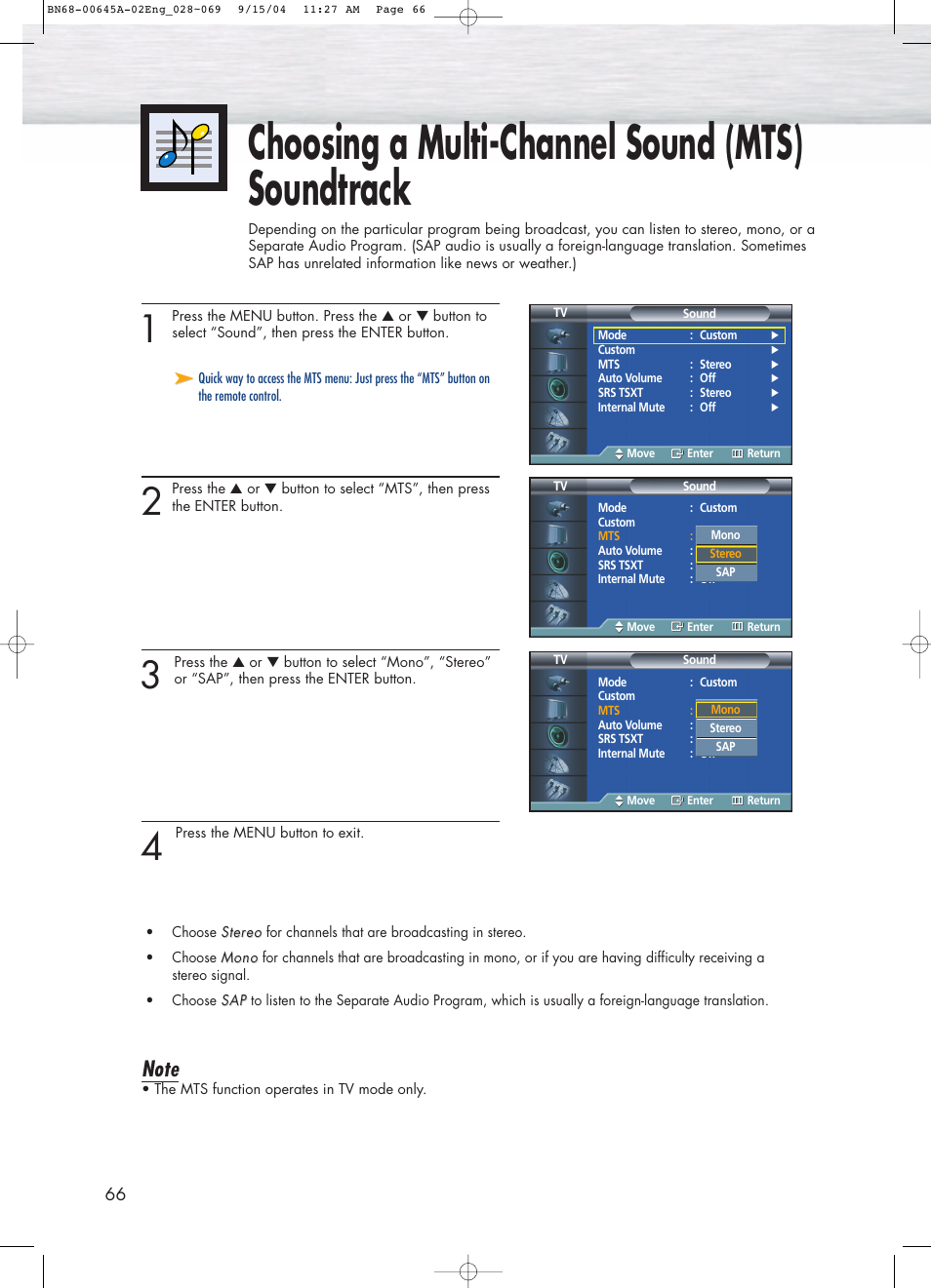 Choosing a multi-channel sound (mts)soundtrack, Choosing a multi-channel sound (mts) soundtrack | Samsung HPP5071X-XAC User Manual | Page 66 / 116