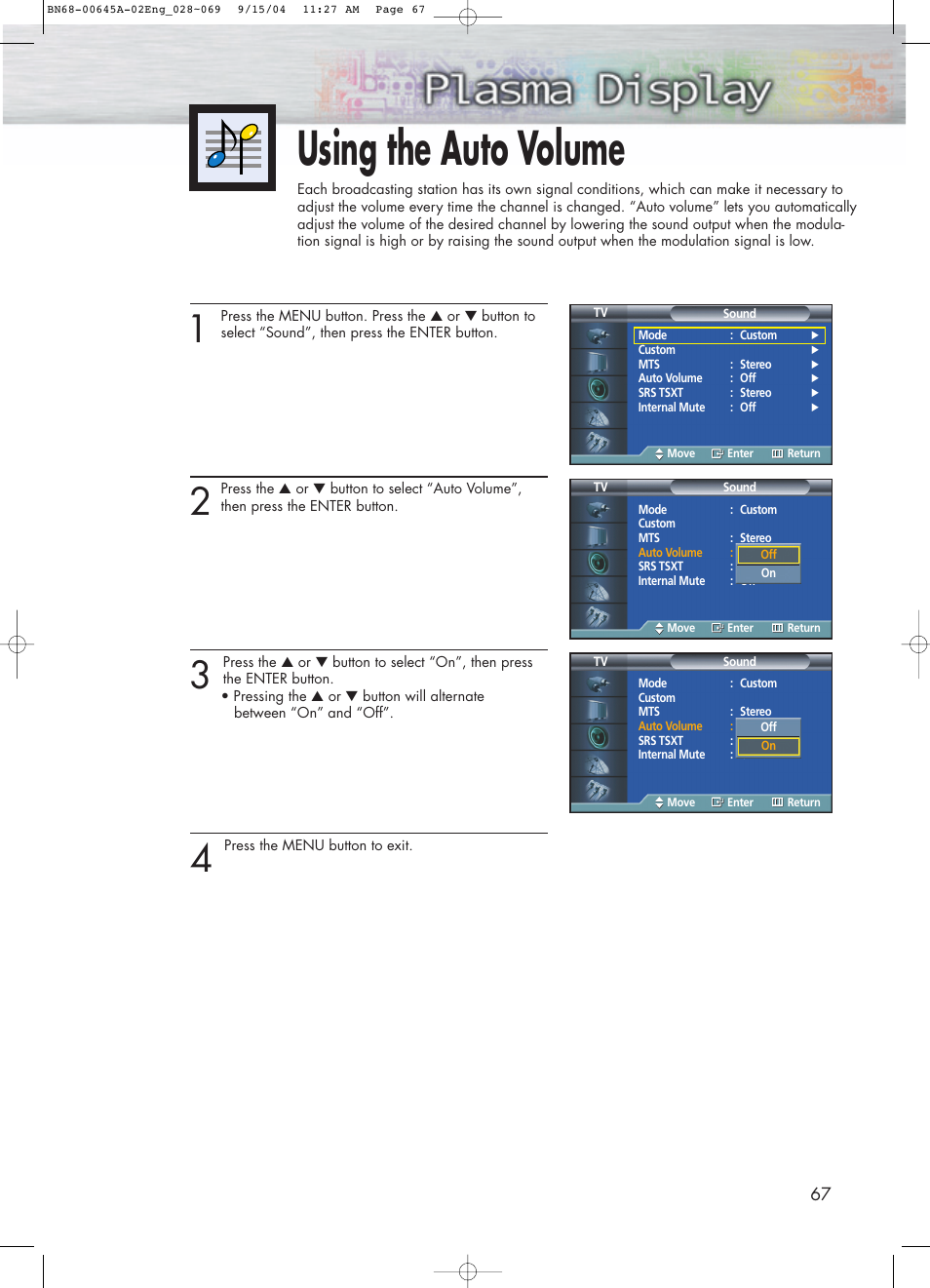 Using the auto volume | Samsung HPP5071X-XAC User Manual | Page 67 / 116