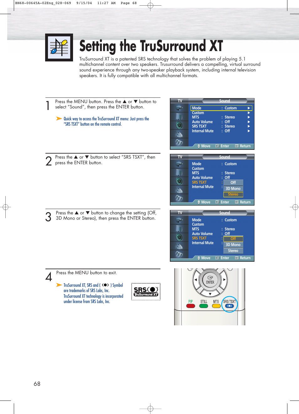 Setting the trusurround xt | Samsung HPP5071X-XAC User Manual | Page 68 / 116