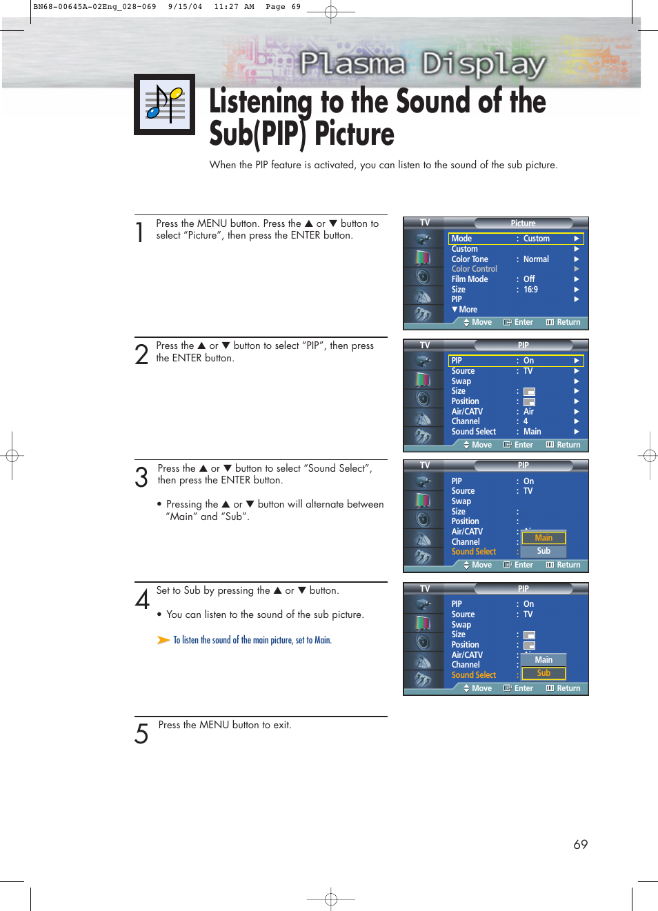 Listening to the sound of the sub(pip) picture | Samsung HPP5071X-XAC User Manual | Page 69 / 116