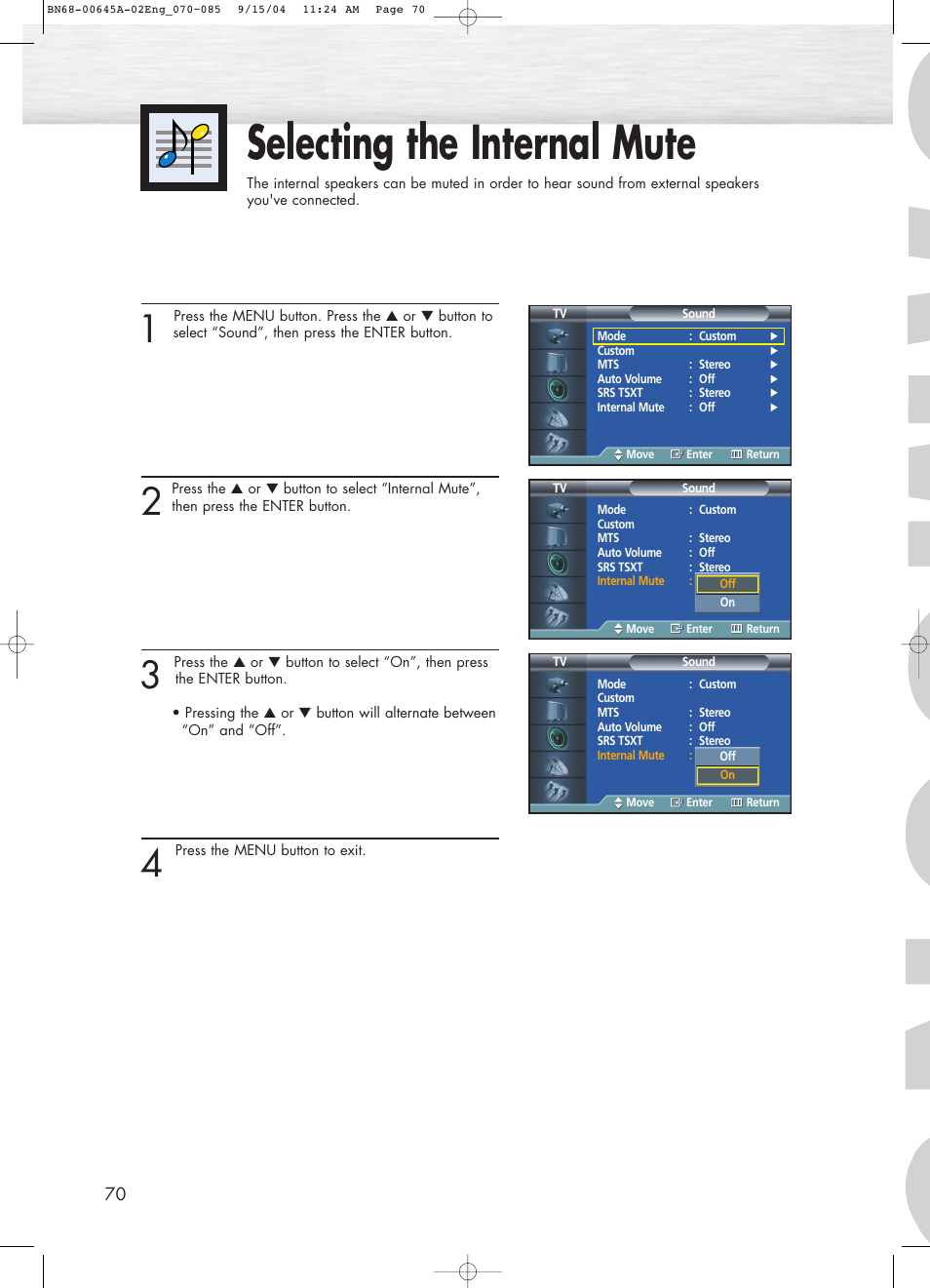 Selecting the internal mute | Samsung HPP5071X-XAC User Manual | Page 70 / 116