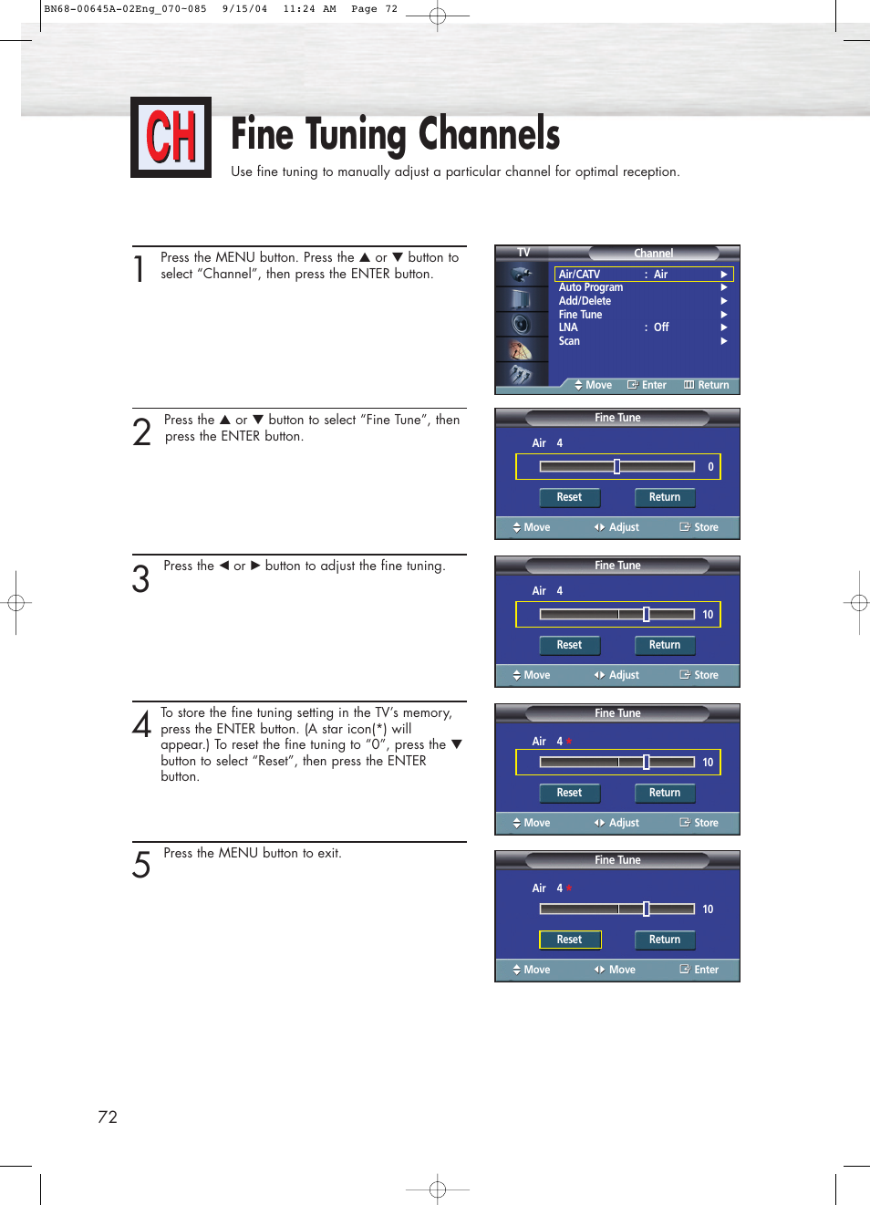 Fine tuning channels | Samsung HPP5071X-XAC User Manual | Page 72 / 116