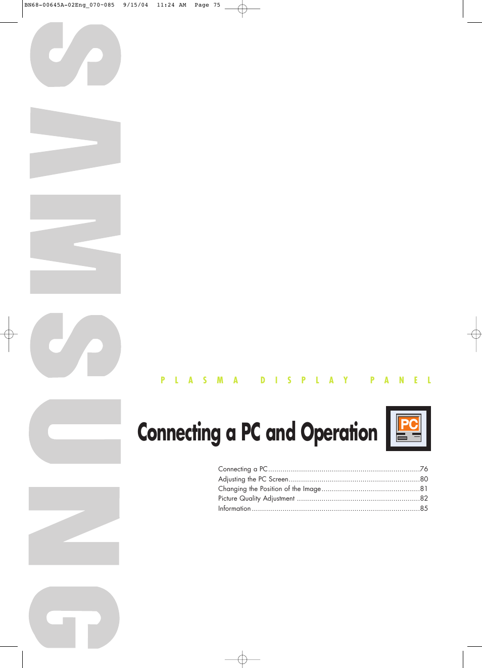 Connecting a pc and operation | Samsung HPP5071X-XAC User Manual | Page 75 / 116