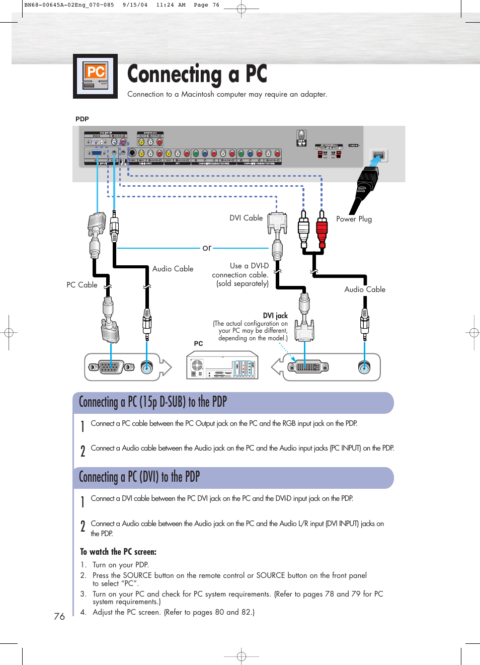 Connecting a pc, Connecting a pc (15p d-sub) to the pdp, 12 connecting a pc (dvi) to the pdp | Samsung HPP5071X-XAC User Manual | Page 76 / 116