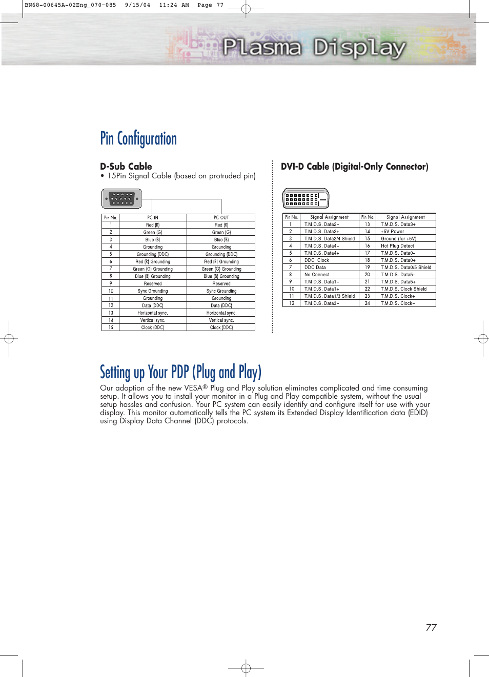 Pin configuration, Setting up your pdp (plug and play) | Samsung HPP5071X-XAC User Manual | Page 77 / 116