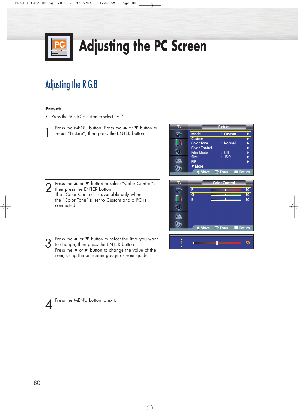 Adjusting the pc screen, Adjusting the r.g.b | Samsung HPP5071X-XAC User Manual | Page 80 / 116