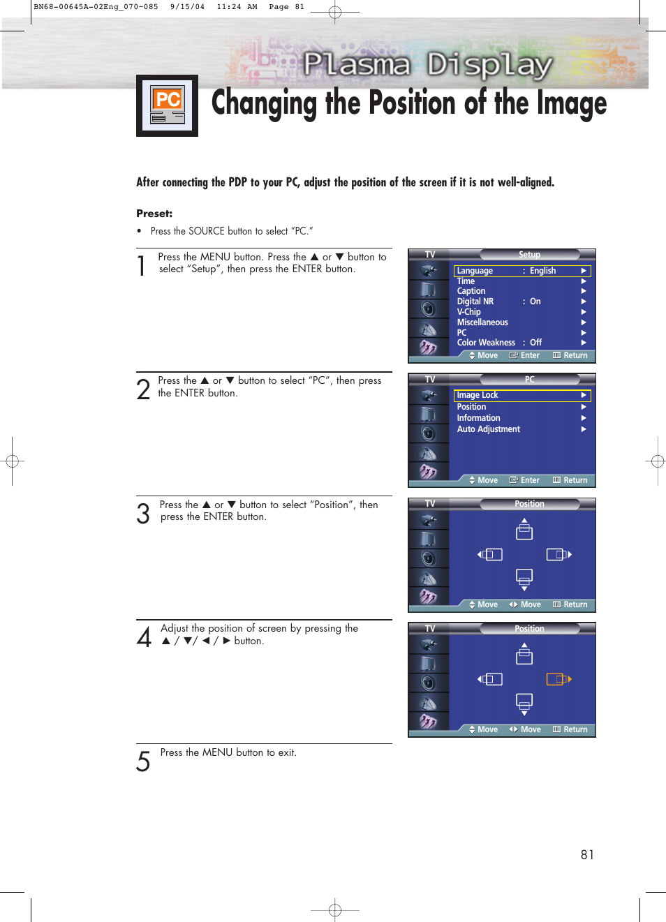 Changing the position of the image | Samsung HPP5071X-XAC User Manual | Page 81 / 116