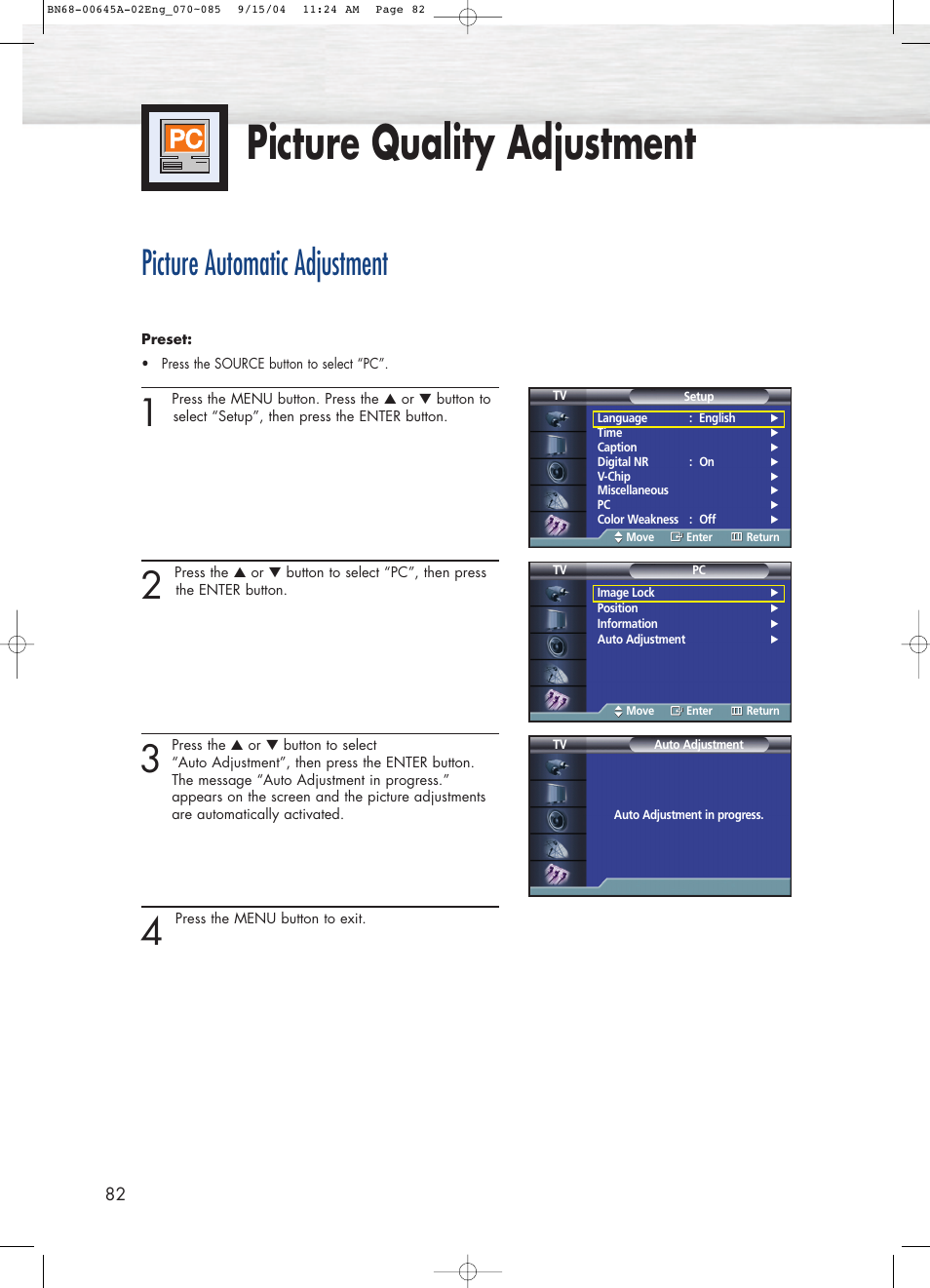 Picture quality adjustment, Picture automatic adjustment | Samsung HPP5071X-XAC User Manual | Page 82 / 116