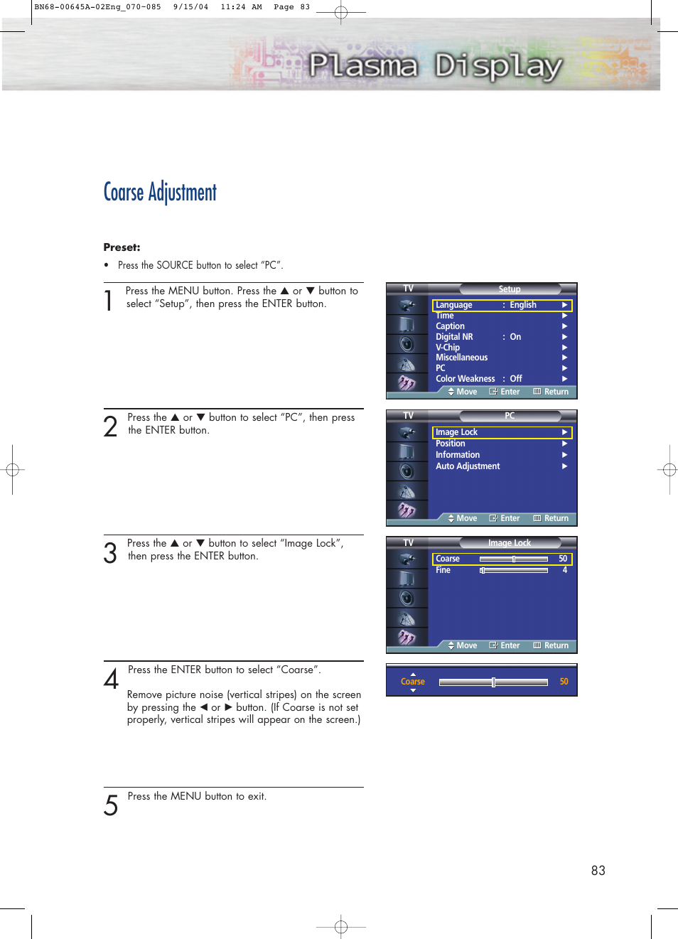 Coarse adjustment | Samsung HPP5071X-XAC User Manual | Page 83 / 116