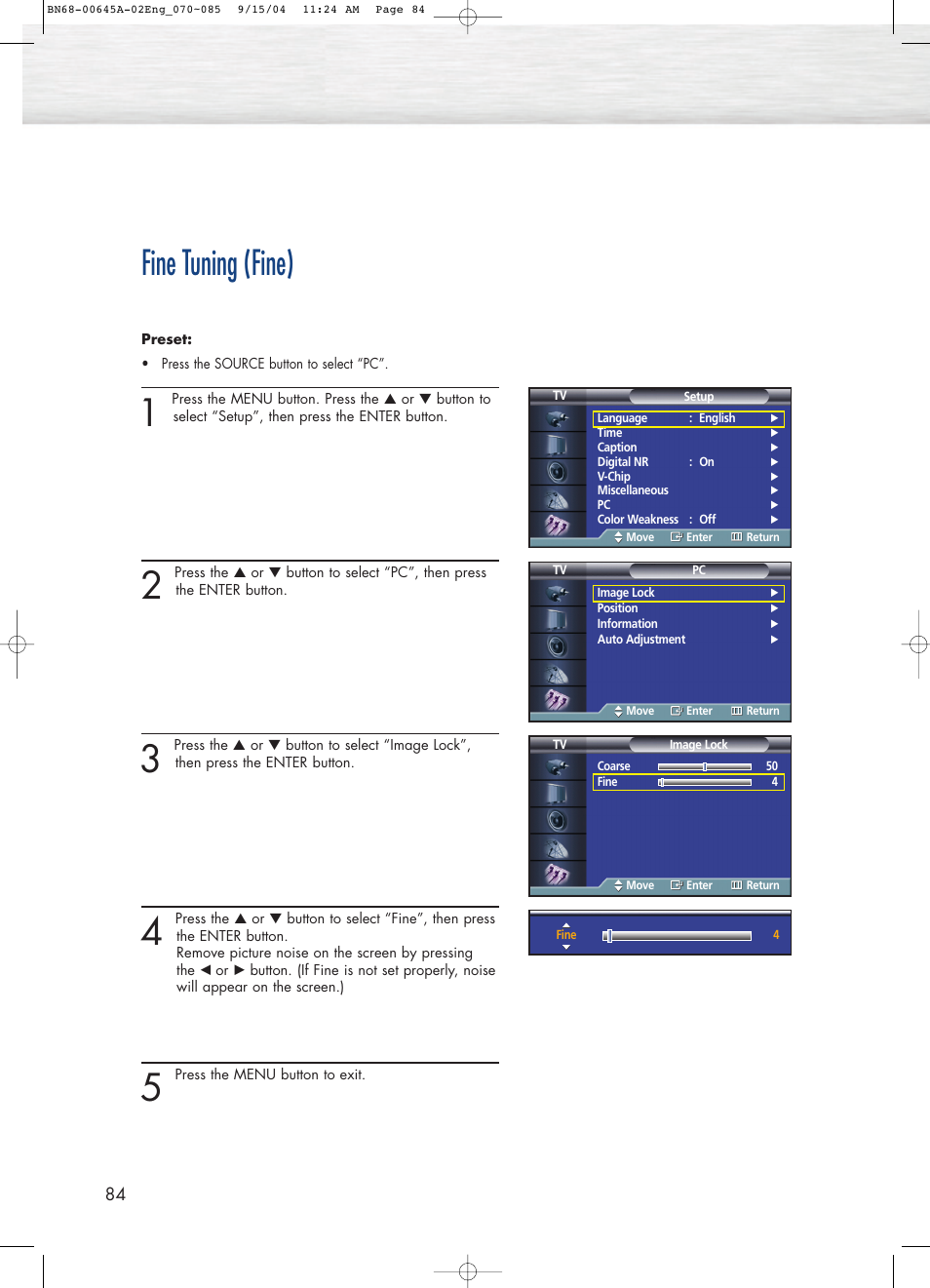 Fine tuning (fine) | Samsung HPP5071X-XAC User Manual | Page 84 / 116