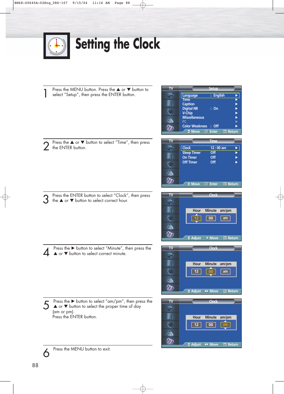 Setting the clock | Samsung HPP5071X-XAC User Manual | Page 88 / 116