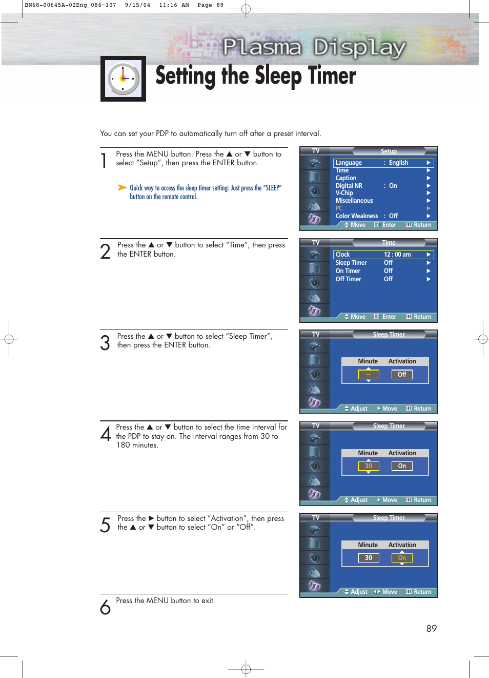 Setting the sleep timer | Samsung HPP5071X-XAC User Manual | Page 89 / 116