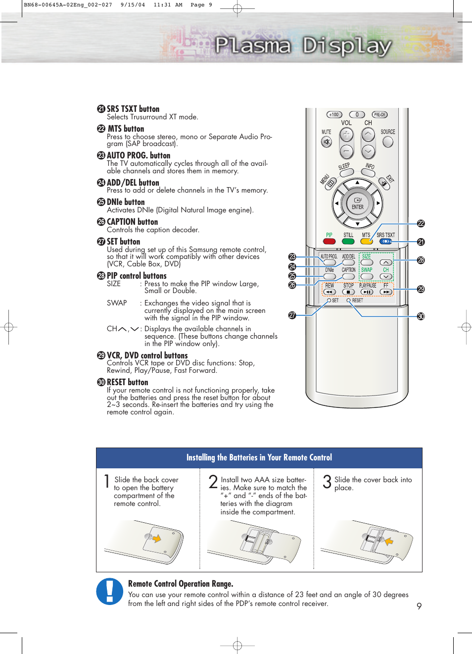 Samsung HPP5071X-XAC User Manual | Page 9 / 116