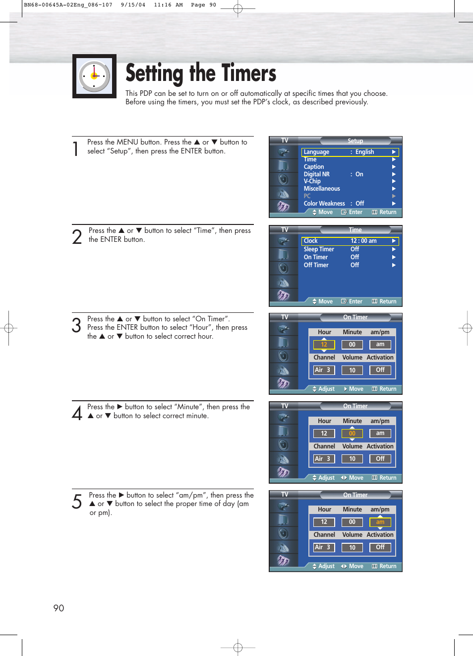 Setting the timers | Samsung HPP5071X-XAC User Manual | Page 90 / 116