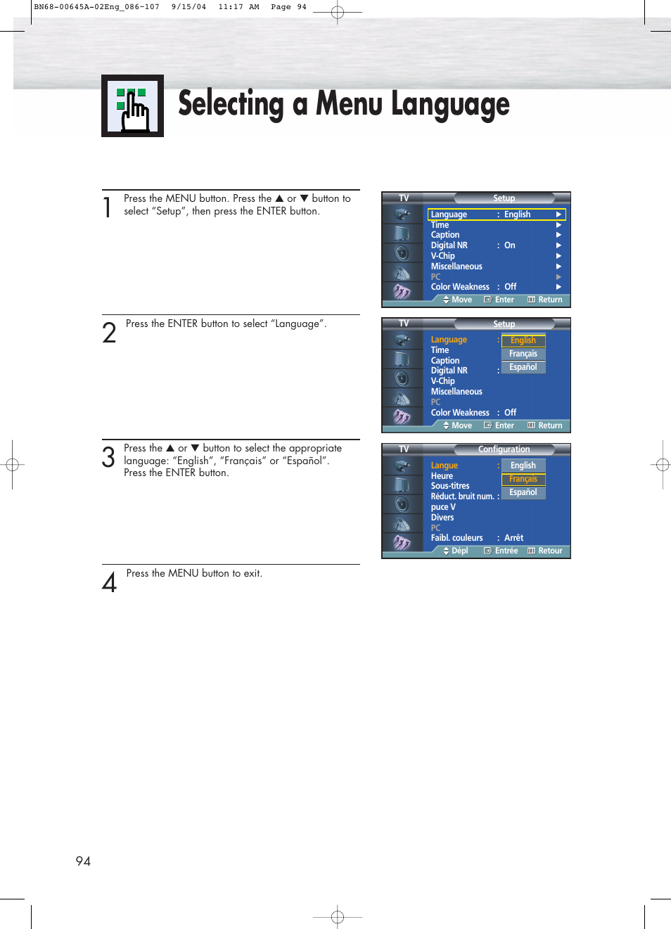 Selecting a menu language | Samsung HPP5071X-XAC User Manual | Page 94 / 116