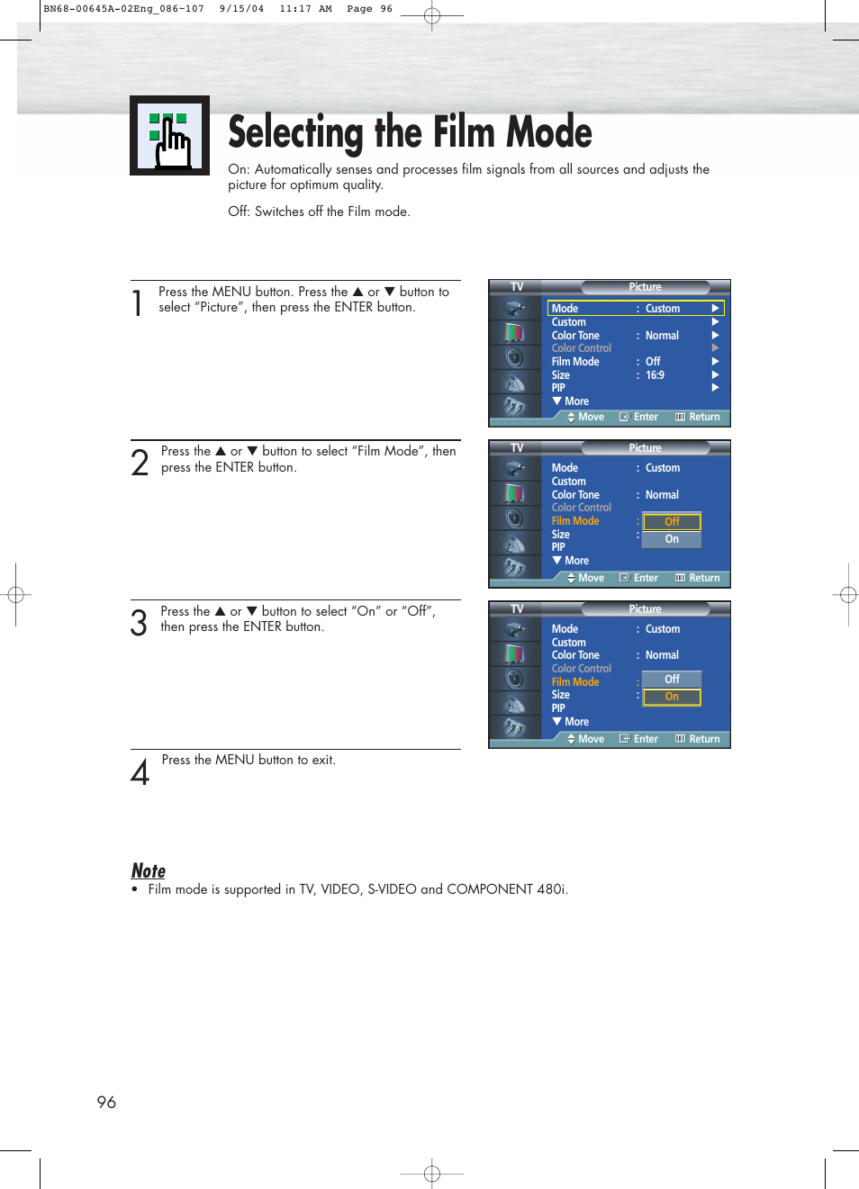 Selecting the film mode | Samsung HPP5071X-XAC User Manual | Page 96 / 116