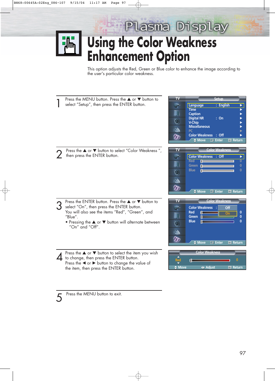 Using the color weakness enhancement option | Samsung HPP5071X-XAC User Manual | Page 97 / 116