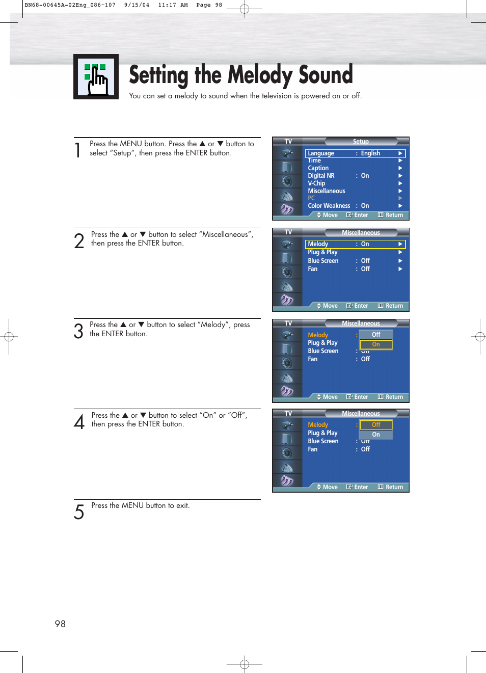 Setting the melody sound | Samsung HPP5071X-XAC User Manual | Page 98 / 116