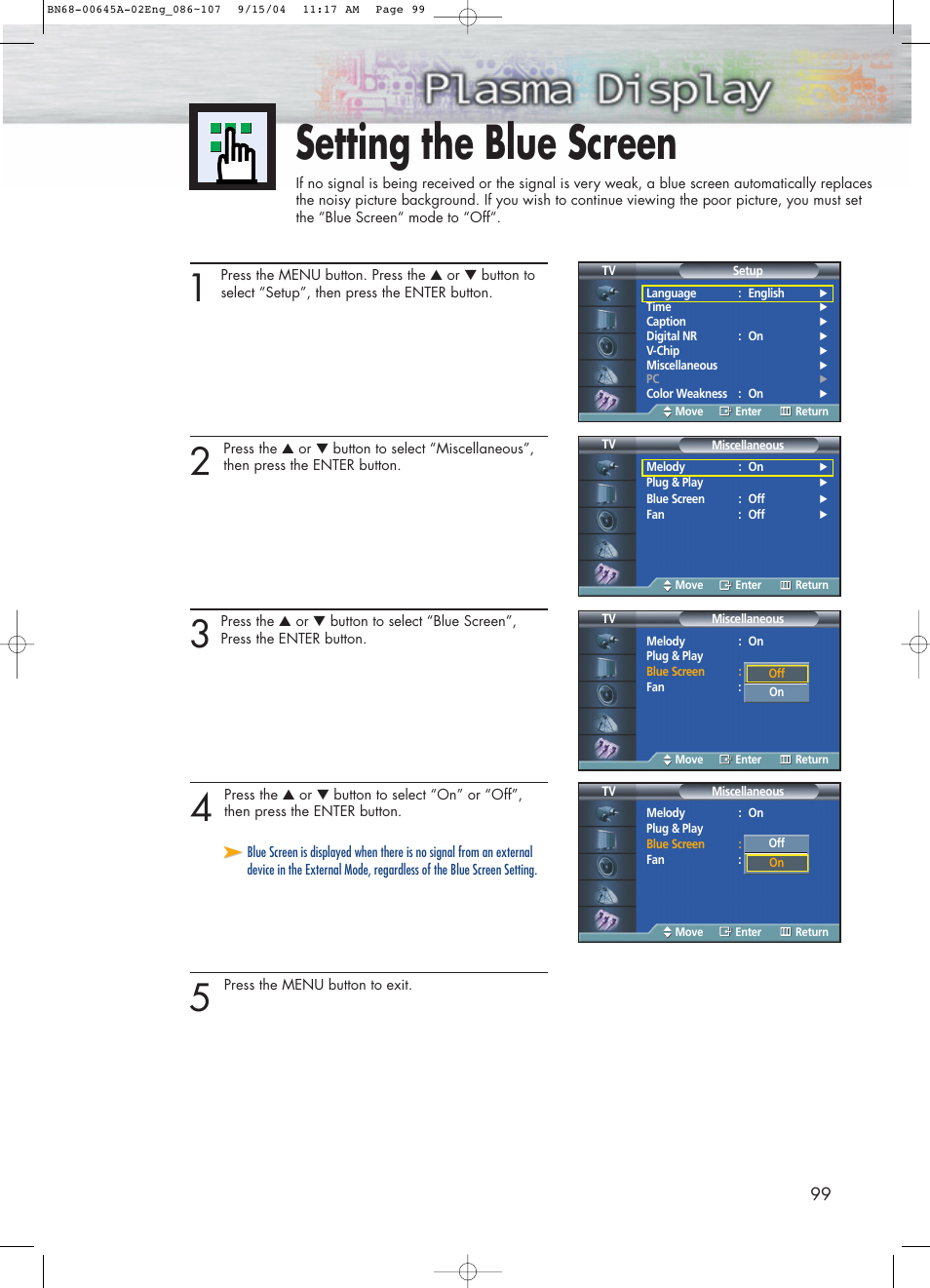 Setting the blue screen | Samsung HPP5071X-XAC User Manual | Page 99 / 116