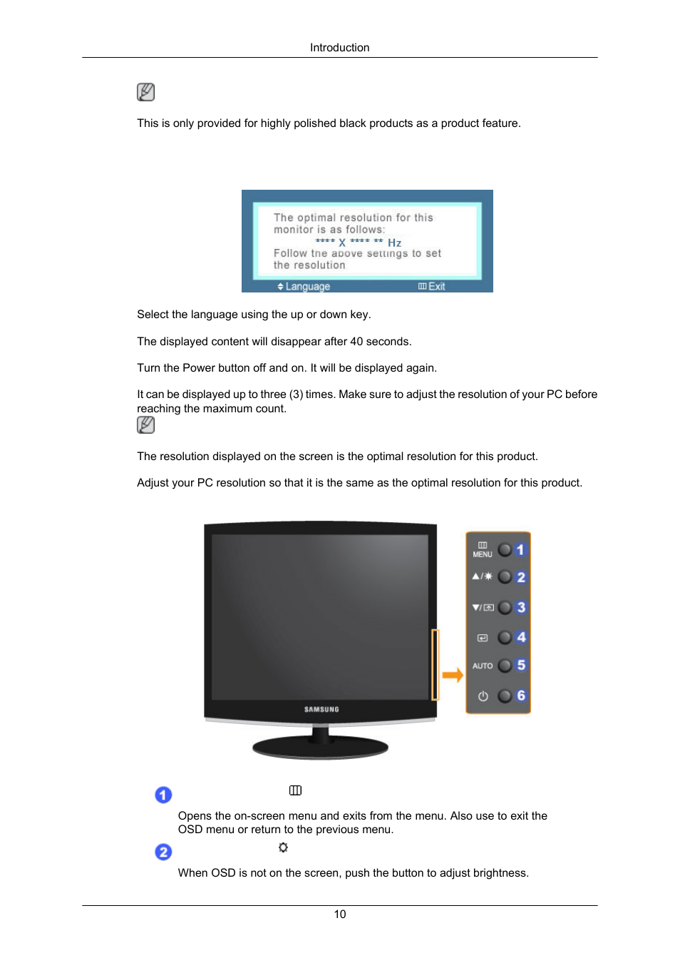 Your monitor, Initial settings, Front | Samsung LS17CMAKF-XT User Manual | Page 11 / 58