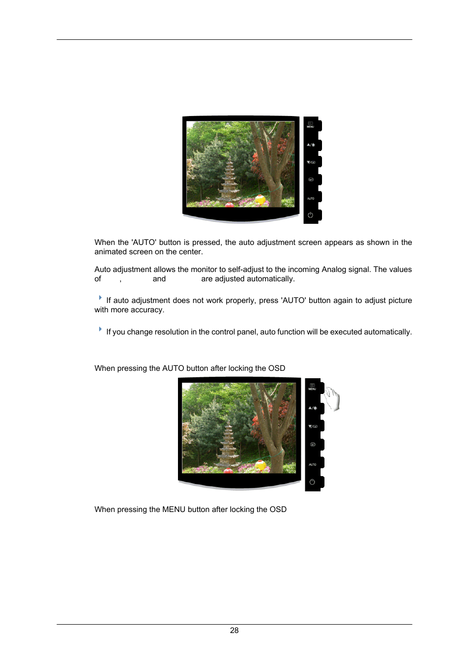 Adjusting the monitor, Direct functions, Auto | Osd lock & unlock | Samsung LS17CMAKF-XT User Manual | Page 29 / 58