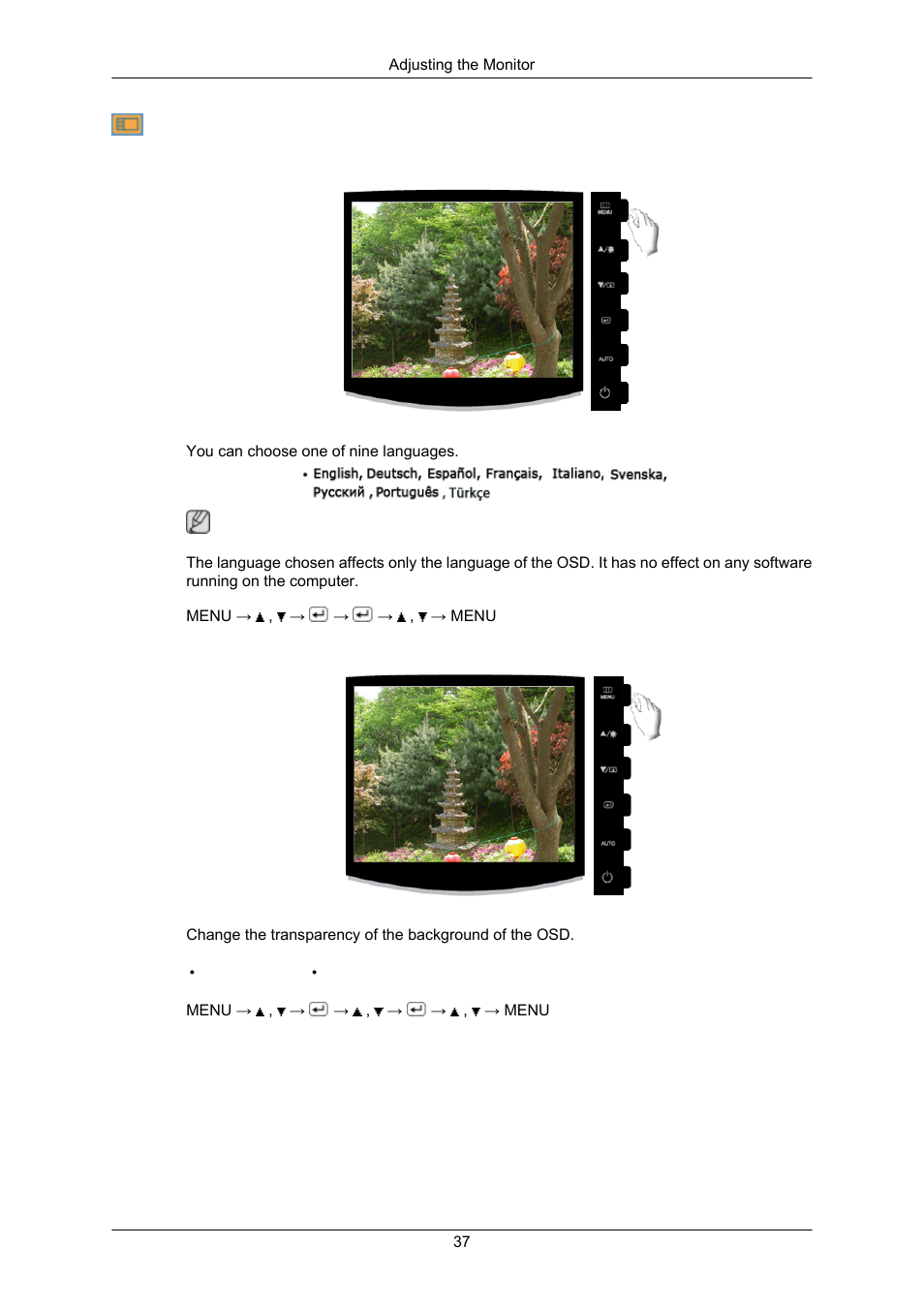 Language, Transparency | Samsung LS17CMAKF-XT User Manual | Page 38 / 58