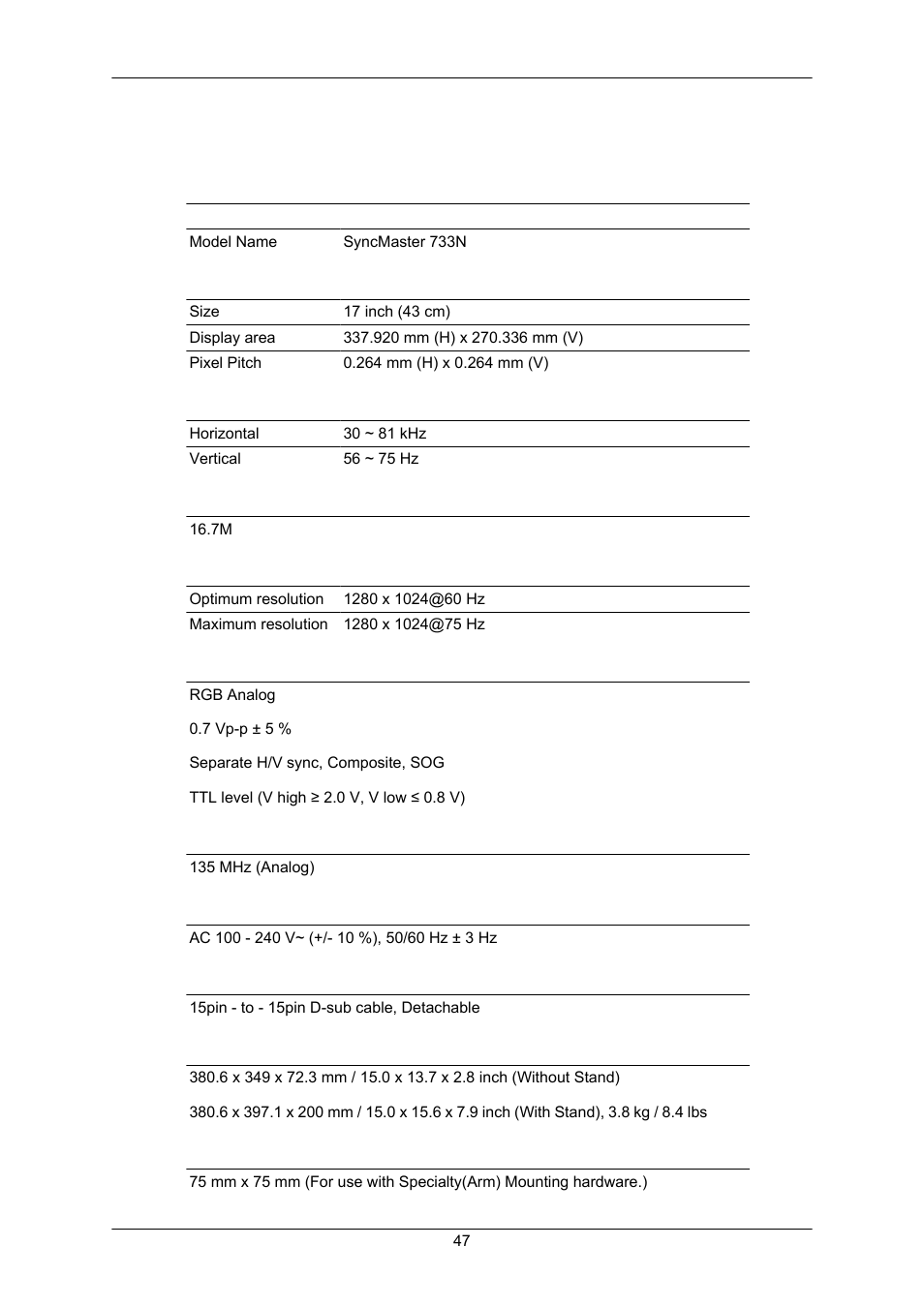 Specifications, General | Samsung LS17CMAKF-XT User Manual | Page 48 / 58