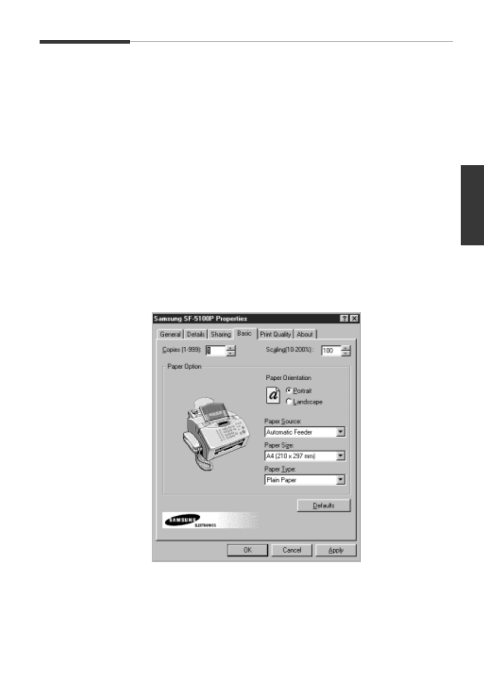 Paper settings, Printer settings | Samsung SF-5100PI-XAA User Manual | Page 28 / 108