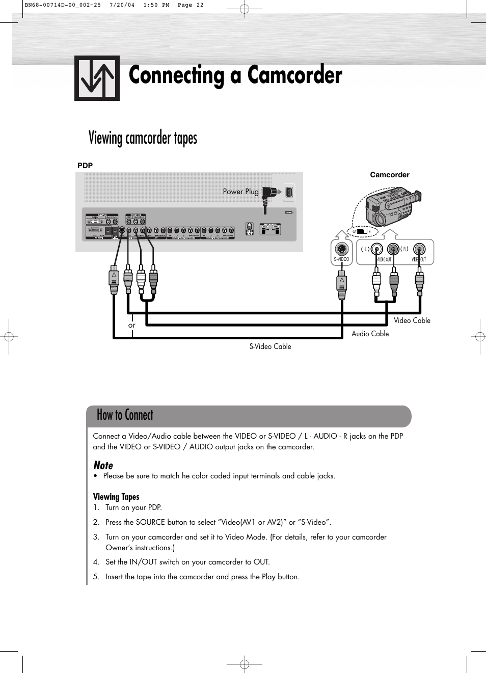 Connecting a camcorder, Viewing camcorder tapes, How to connect | Samsung PL50D4HX-XAX User Manual | Page 4 / 6