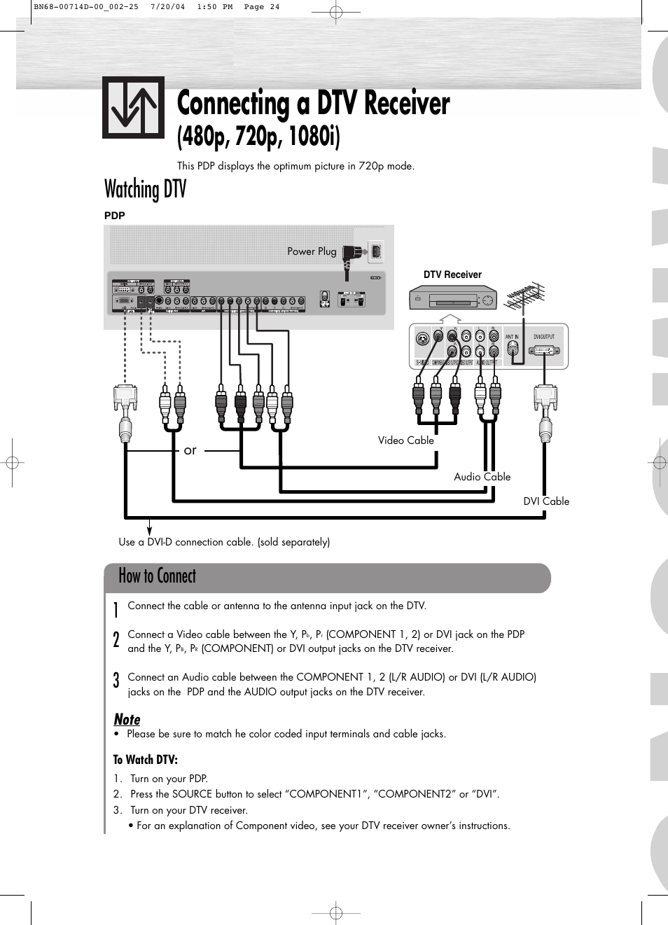 Connecting a dtv receiver, Watching dtv, How to connect 1 2 3 | Samsung PL50D4HX-XAX User Manual | Page 6 / 6