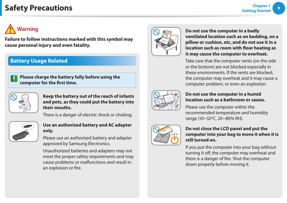 Safety precautions, Battery usage related, Warning | Samsung NP510R5E-A01UB User Manual | Page 10 / 132