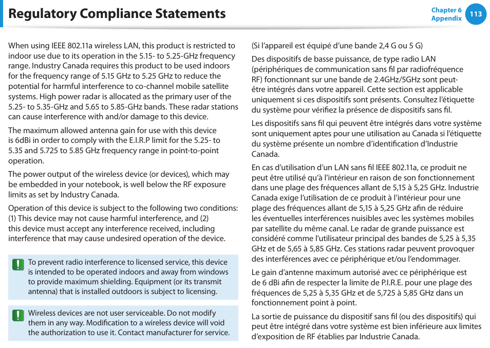 Regulatory compliance statements | Samsung NP510R5E-A01UB User Manual | Page 114 / 132