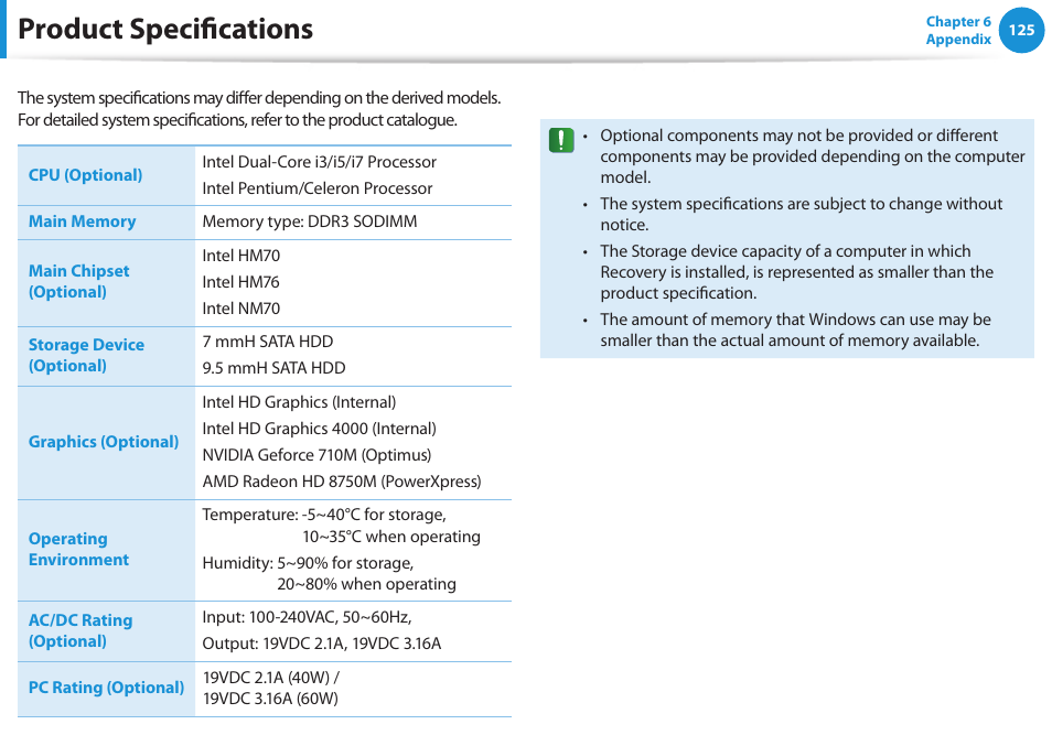 Product specifications | Samsung NP510R5E-A01UB User Manual | Page 126 / 132