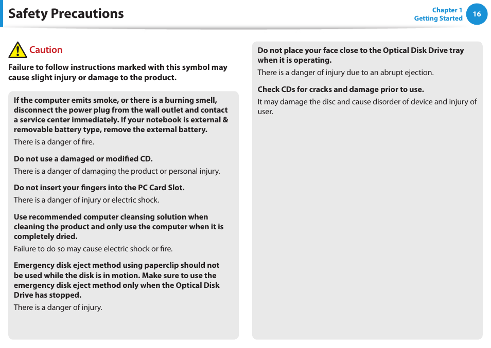 Safety precautions, Caution | Samsung NP510R5E-A01UB User Manual | Page 17 / 132