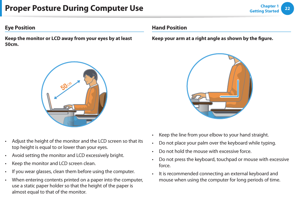 Proper posture during computer use | Samsung NP510R5E-A01UB User Manual | Page 23 / 132