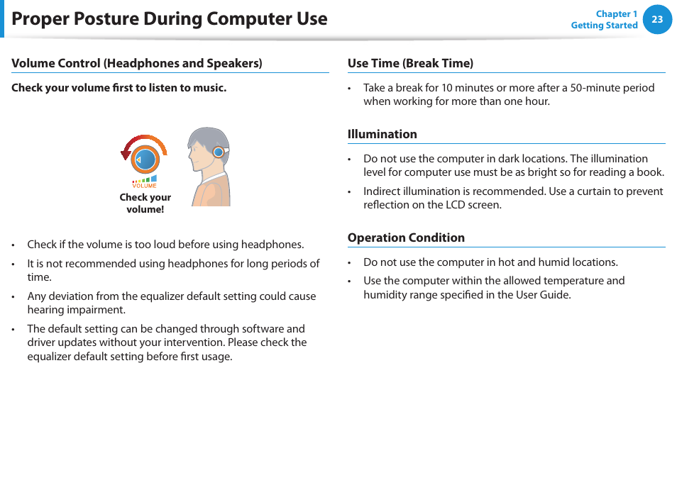 Proper posture during computer use | Samsung NP510R5E-A01UB User Manual | Page 24 / 132