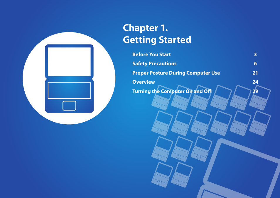 Chapter 1. getting started | Samsung NP510R5E-A01UB User Manual | Page 3 / 132