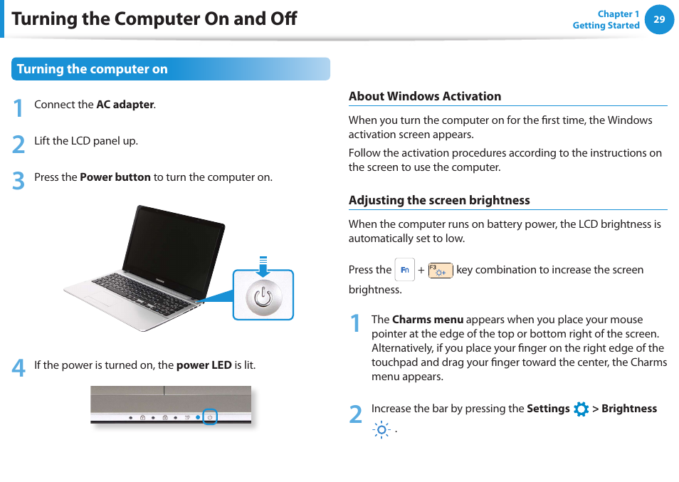 Turning the computer on and off | Samsung NP510R5E-A01UB User Manual | Page 30 / 132