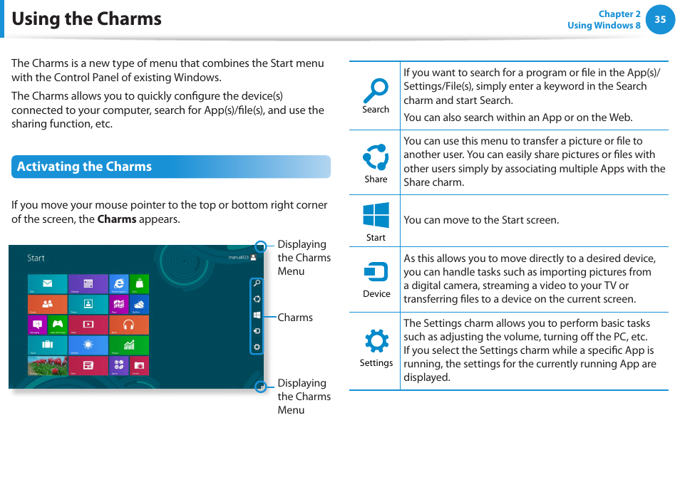 Using the charms, Activating the charms | Samsung NP510R5E-A01UB User Manual | Page 36 / 132