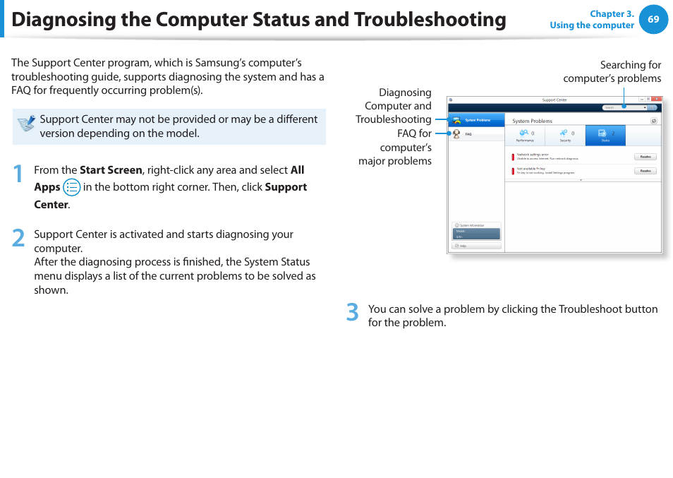 Diagnosing the computer status and troubleshooting, Diagnosing the computer status and, Troubleshooting | Samsung NP510R5E-A01UB User Manual | Page 70 / 132