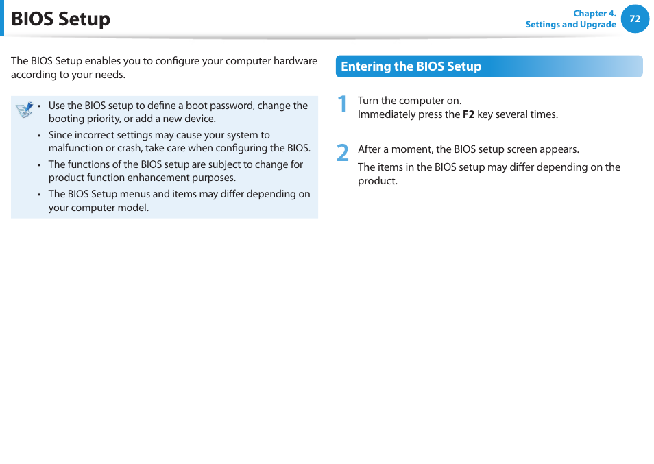 Bios setup | Samsung NP510R5E-A01UB User Manual | Page 73 / 132
