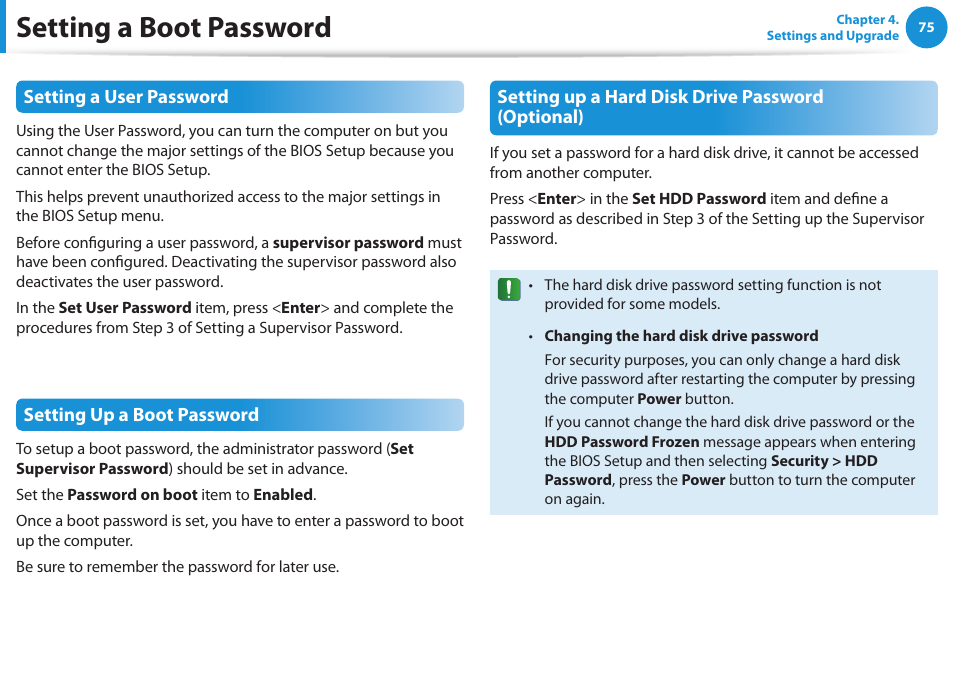 Setting a boot password | Samsung NP510R5E-A01UB User Manual | Page 76 / 132