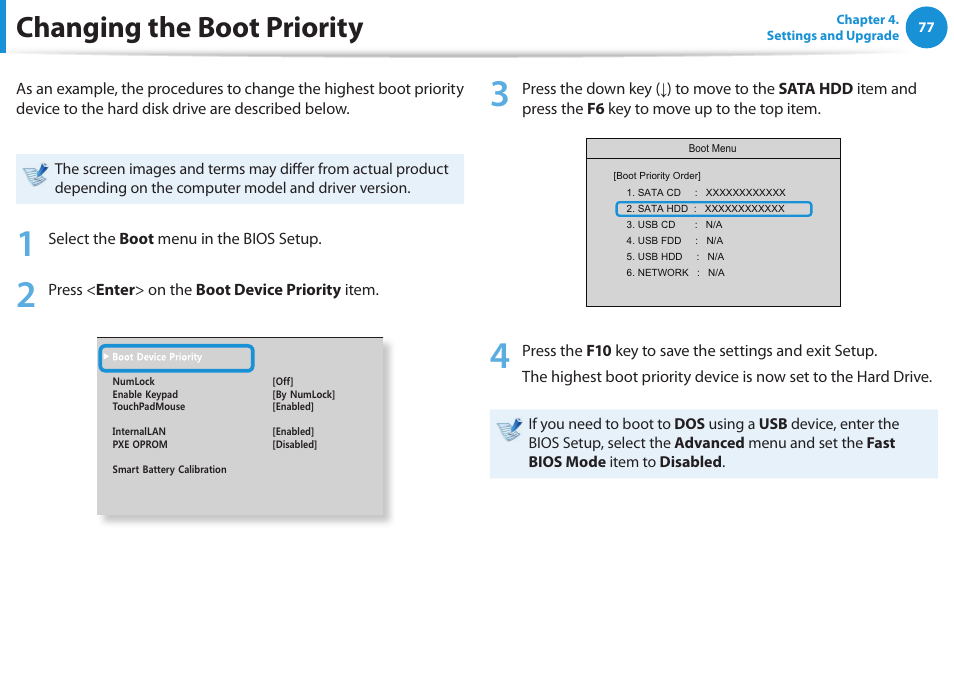 Changing the boot priority | Samsung NP510R5E-A01UB User Manual | Page 78 / 132