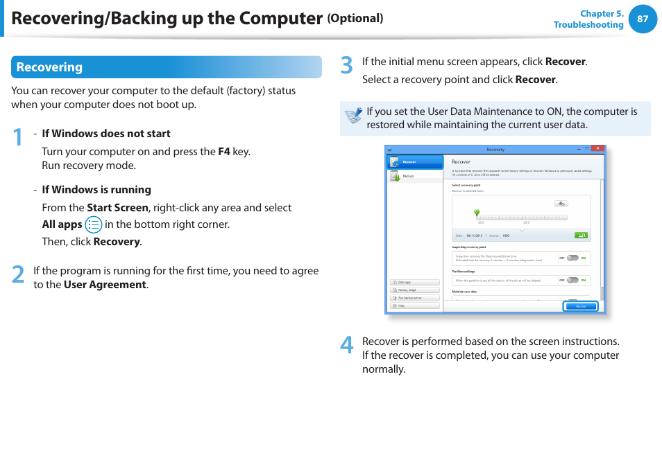 Recovering/backing up the computer | Samsung NP510R5E-A01UB User Manual | Page 88 / 132