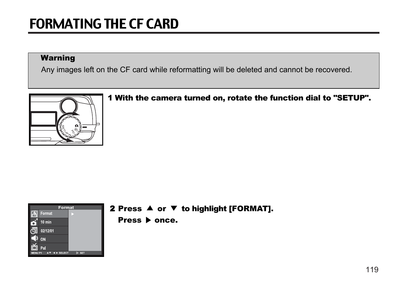 Formating the cf card | Argus Camera DC3810 User Manual | Page 119 / 164