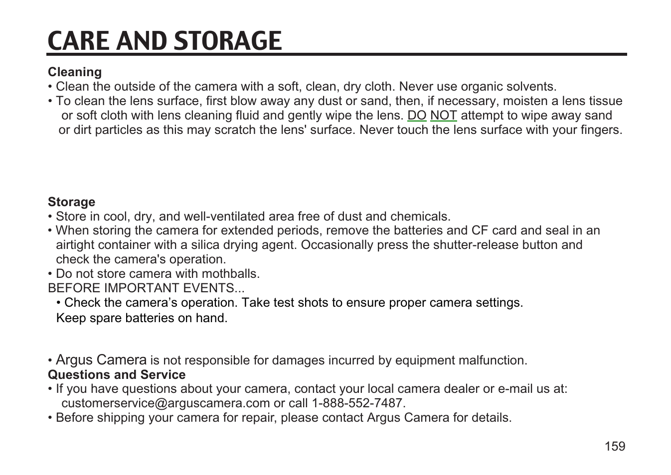 Untitled, Care and storage | Argus Camera DC3810 User Manual | Page 159 / 164