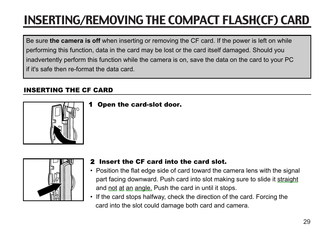 Inserting/removing the compact flash(cf) card | Argus Camera DC3810 User Manual | Page 29 / 164