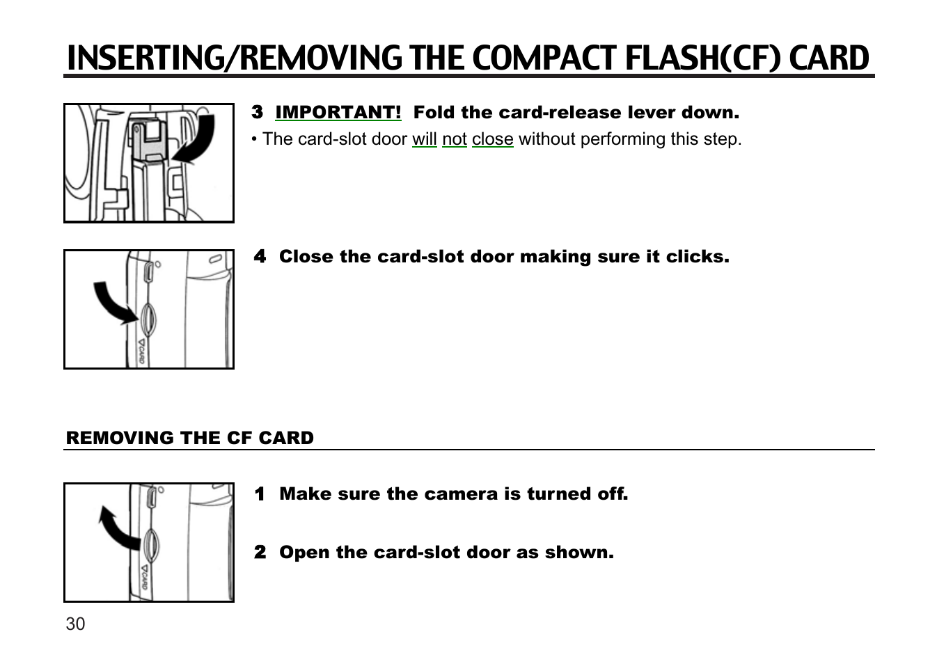 Inserting/removing the compact flash(cf) card | Argus Camera DC3810 User Manual | Page 30 / 164