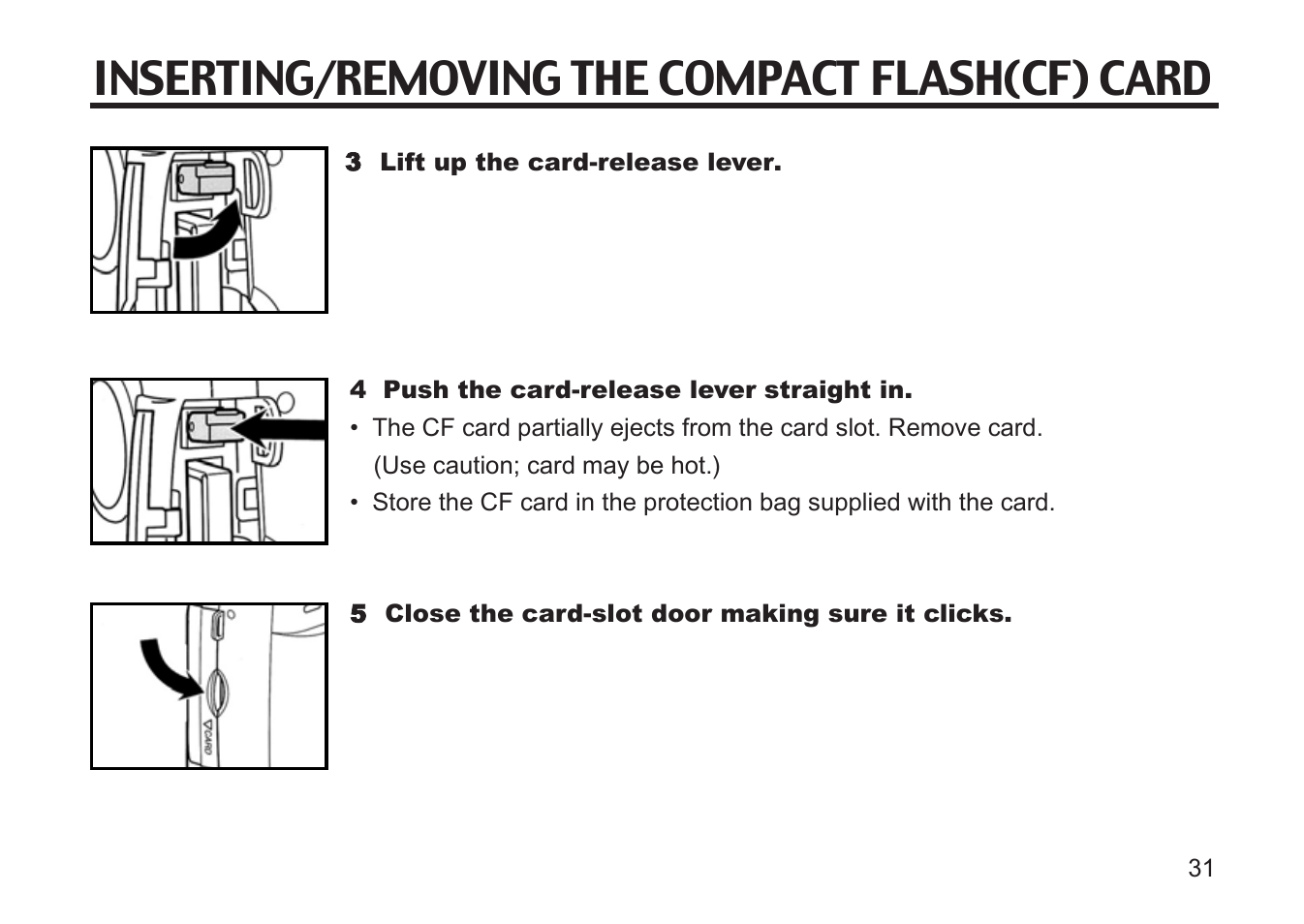 Inserting/removing the compact flash(cf) card | Argus Camera DC3810 User Manual | Page 31 / 164