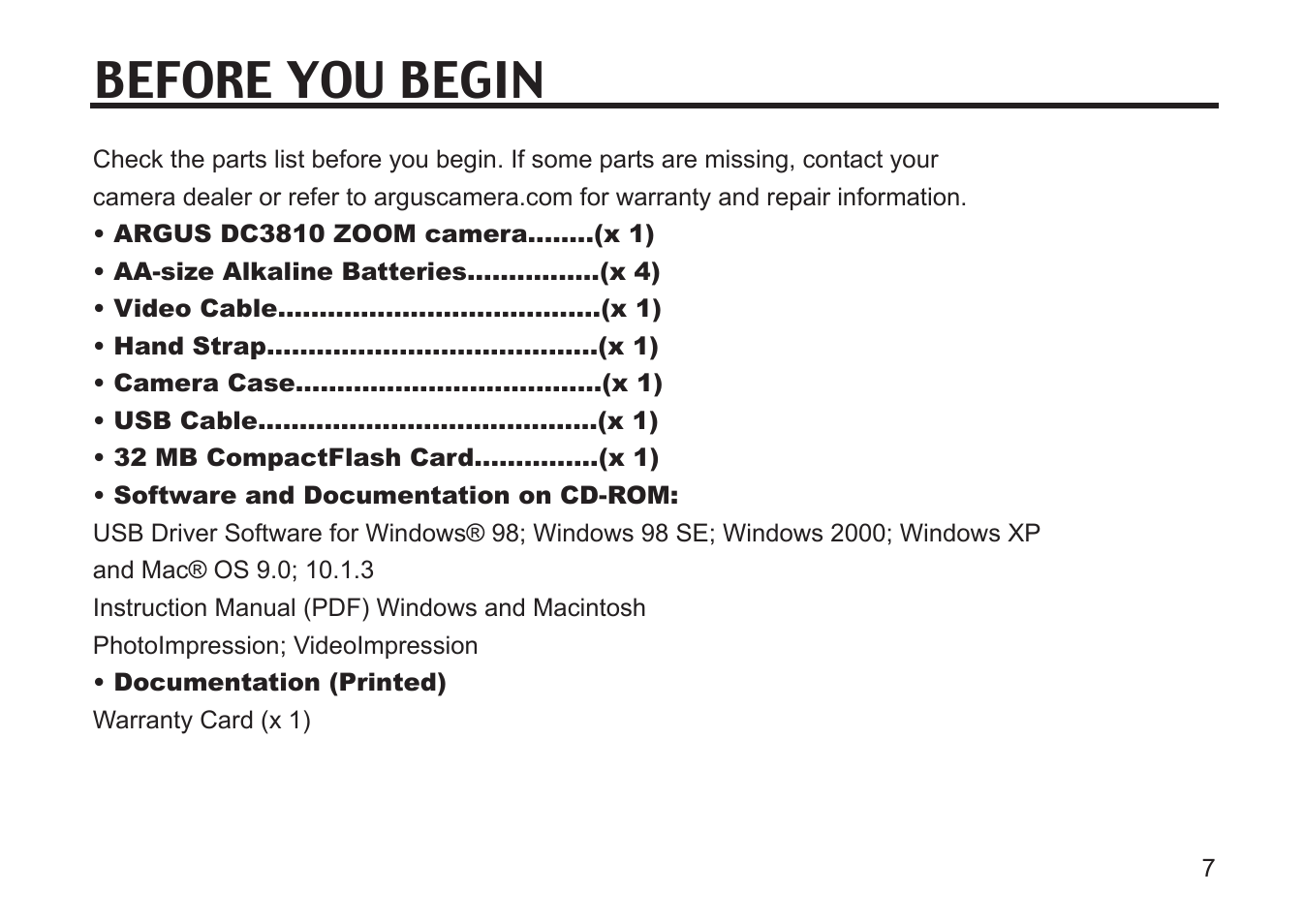 Before you begin | Argus Camera DC3810 User Manual | Page 7 / 164